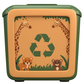 A recycling container features images of a giraffe, tiger, bear, and recycling symbol for ecological awareness. png