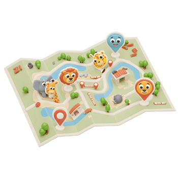 A cartoon animal safari map with a lion, giraffe, and elephant highlights locations with animated pins, ideal for children's educational play. png