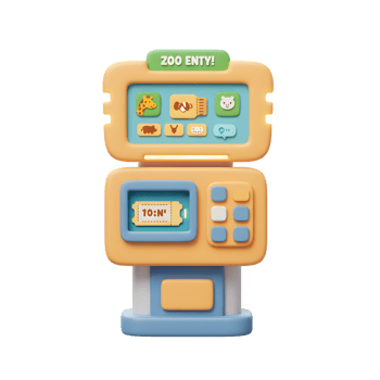 Cartoon zoo entry ticket machine with animal icons makes buying tickets easy for families and visitors. png