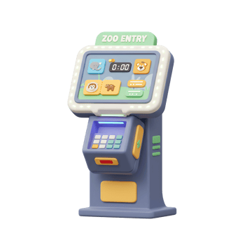 A playful 3D zoo entry machine features a screen, keypad, and vibrant colors, making it suitable for interactive displays. png
