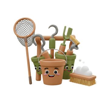 A 3D rendering shows cartoon gardening tools, including a trowel, rake, and net, making it perfect for children's garden themed projects. png