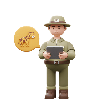 Cartoon zookeeper holding a tablet and visualizing giraffe in a speech bubble, suitable for education purposes. png