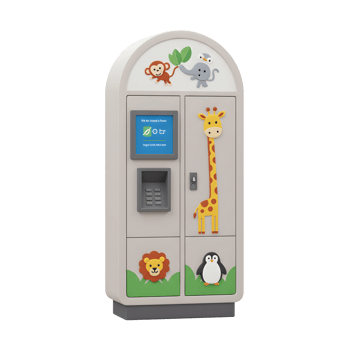 This locker is decorated with a variety of animals, including a monkey, elephant, giraffe, lion, and penguin, making it suitable for kids storage. png
