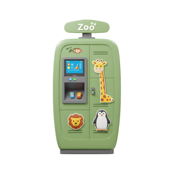Green locker with a zoo sign has animal figures and a screen, often used in a themed environment. png