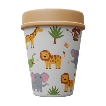 This white cup is decorated with various jungle animals such as lions and elephants and comes with a brown lid, perfect for keeping drinks contained. png