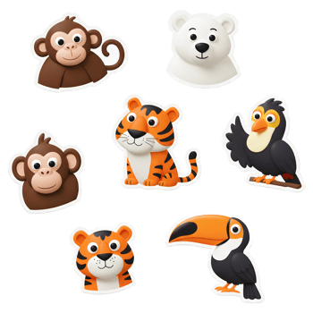 This image features cartoon animal stickers including a monkey, tiger, toucan, and bear, perfect for decorating children's items or crafts. png