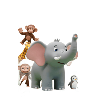 A cartoon style elephant sprays water with its trunk while standing in a group of other animals in a jungle scene, perfect for a child's room decor. png