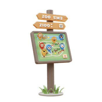 A 3D rendered zoo map shows animal locations with pins, providing directions and information for visitors. png