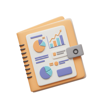 A 3D render shows a binder with charts and graphs on the cover page, ideal for illustrating data analysis or business reports. png