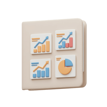 Four data charts showing growing trend are set in a book, representing information tracking and analysis. png