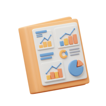 An orange folder with colorful graphs and charts represents a financial report, showing data analysis for business decision making. png