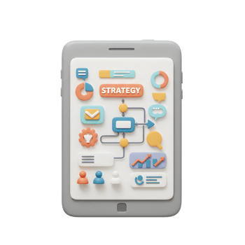 Tablet displays a flowchart with business strategy, including charts, graphs, and people, making it useful for corporate presentations. png