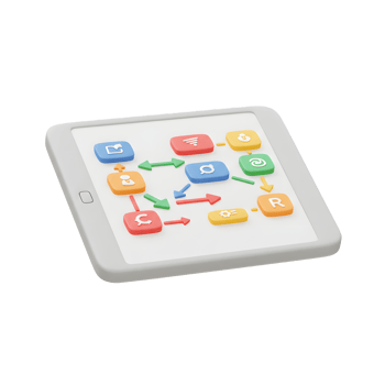 A tablet displays a colorful diagram with various shapes and arrows, representing a process or workflow for visual representation. png