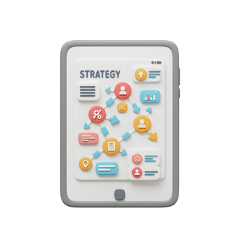 A tablet displays a colorful strategy flow chart, showing connections and progress toward goals for business planning. png