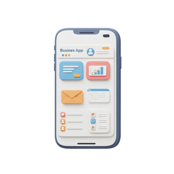 A 3D render of a business application running on a phone showing interface elements like inbox chart and user profile, suitable for representing mobile app development and business solutions. png