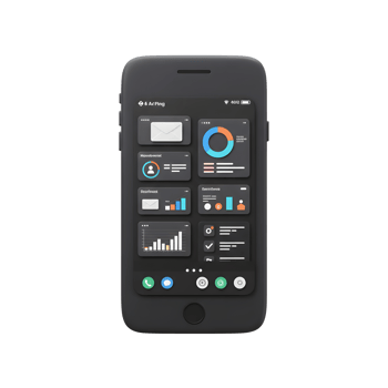 The app dashboard interface on a black mobile phone displays various data visualizations and controls, ideal for managing tasks or tracking information. png