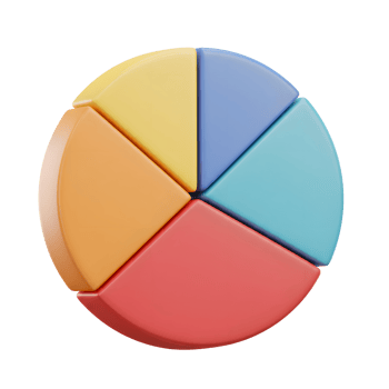 A colorful pie chart is presented with five segments on a white background, often used to represent data visually. png