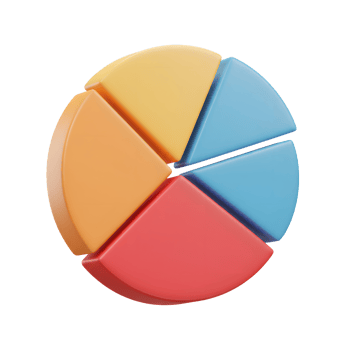 A colorful 3D pie chart illustrates data segments in orange, yellow, blue, and red, suitable for presentations and reports. png