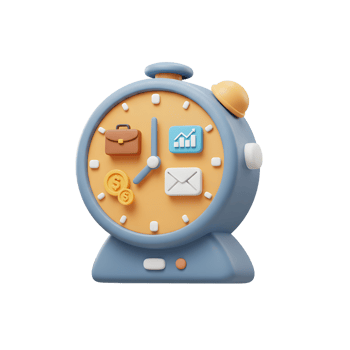 Stylized blue alarm clock displays icons related to business such as briefcase, graph, money, and email for time management purposes. png