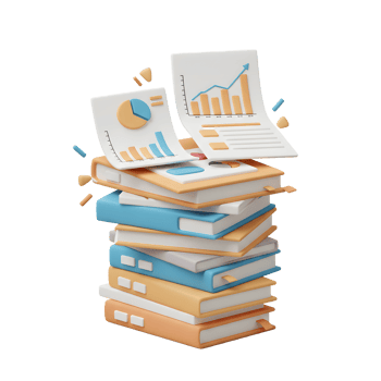A stack of books topped with graphical charts and diagrams visually represents data analysis and reporting for educational or business purposes. png