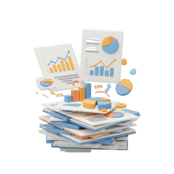 A stack of reports and charts with graphs and data representations are depicted in a playful, colorful style for data analysis and presentation. png