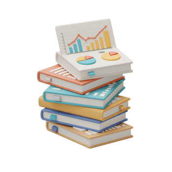 A stack of colorful books are topped with a chart and graph notebook, symbolizing data analysis and knowledge sharing for studying and research. png