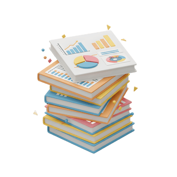 A stack of colorful books features financial graph and chart diagrams, representing data analysis and information research for business reports or educational purposes. png