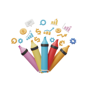 Colorful markers are displayed with financial graphs, coins, and gears representing growth and brainstorming for business use. png