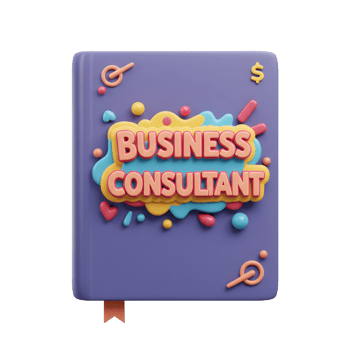 This 3D illustration shows a notebook with the text 'Business Consultant' and decorative elements, suitable for promoting financial planning or consulting services. png