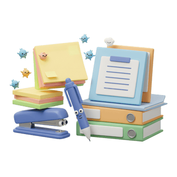 Office supplies including a pen, stapler, clipboard, and sticky notes are displayed in a colorful render perfect for workspace organization. png