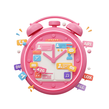 Pink alarm clock displaying notifications from social media apps represents the concept of digital communication and time management for social networking usage. png
