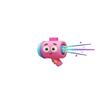 A 3D rendered cartoon ray gun shoots colorful beams and dots, adding a playful touch to graphic designs. png