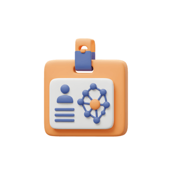 This 3D rendering depicts an ID badge featuring a user icon and a molecule graphic, commonly used for professional or organizational access. png