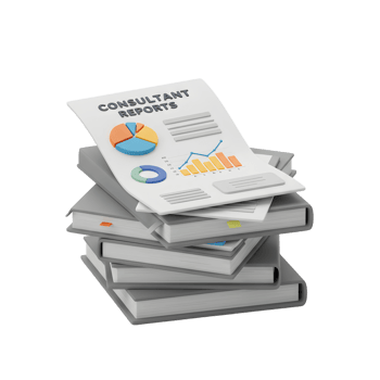 A stack of books features a report with charts and graphs, showcasing data analysis for consultant projects. png