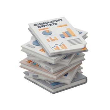 A stack of consultant reports with charts and graphs are shown for business analysis. png