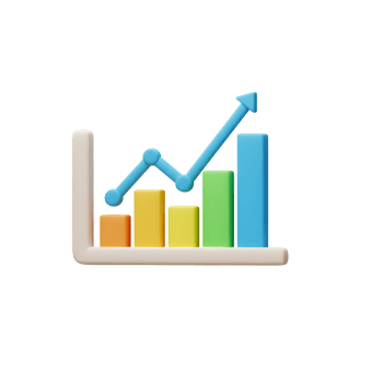 A colorful 3D bar graph with an upward trending line represents positive progress, visualized for data representation. png