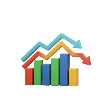 A colorful 3D rendering shows a chart with bars and arrows indicating trends, which can be used to represent data or statistics. png