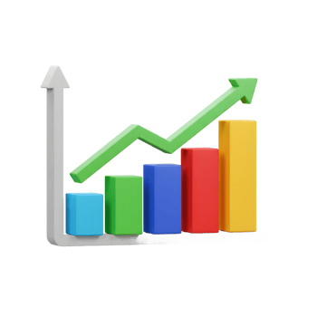 Colorful 3D bar chart demonstrates upward growth with a rising green arrow, visualizing progress and success in presentations. png