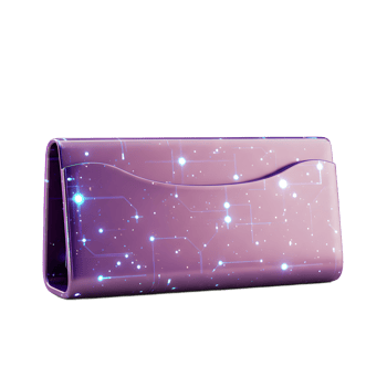 A shiny purple clutch features a digital line and star pattern, providing an eye catching and elegant accessory for carrying essentials. png