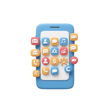 A blue and white cartoon style mobile phone displays various app icons, representing digital communication and functions for everyday use. png