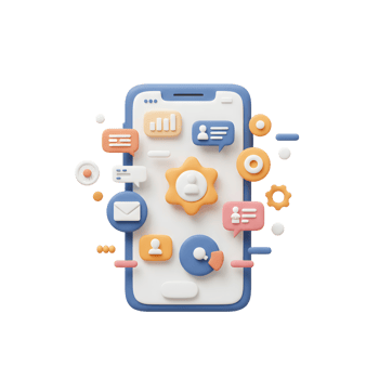 A stylized mobile phone displays various communication icons, including email, message, user profile, and graph, representing connectivity and digital interaction for web design. png