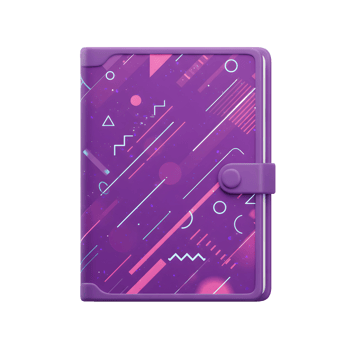 A purple notebook with a geometric pattern on its cover features a button closure and can be used for writing notes or journaling. png