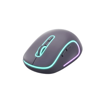 The gray wireless mouse features colorful LED light accents on its contours, offering a modern design for everyday use. png