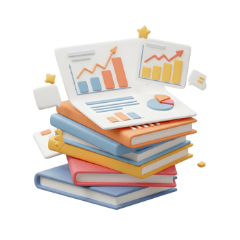 Colorful stack of books topped with data analysis charts and floating elements represents learning business finance, statistics and marketing performance. png