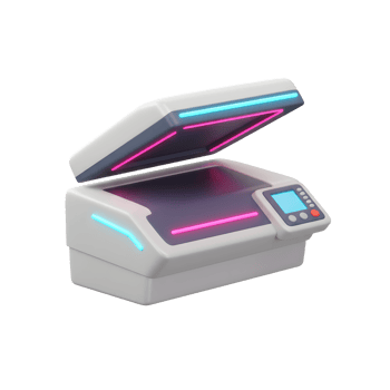 A modern scanner features an open lid and neon lights, suggesting a futuristic and efficient way to digitize documents or images for archival or sharing. png