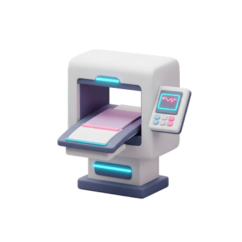 A medical scanner with a bed and monitor displays a heart rhythm, which is used for diagnostic imaging. png