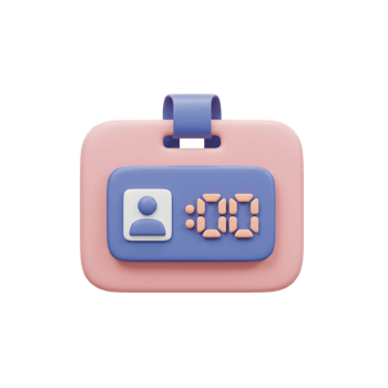 This pink and blue badge features a profile icon and digital clock display, commonly used for identification or attendance tracking. png