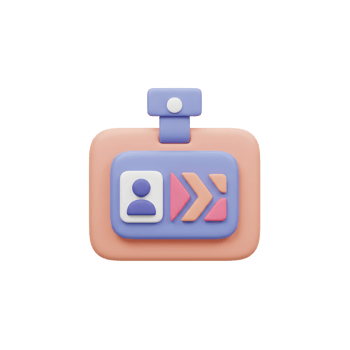 A 3D render of an identification badge displays a simple face icon with arrow shaped decoration, providing a visual representation for access or belonging. png