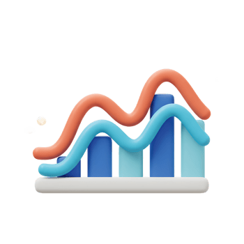 A 3D rendering of a financial chart illustrates data with blue bars and wavy red and blue lines, suitable for presentation purposes. png