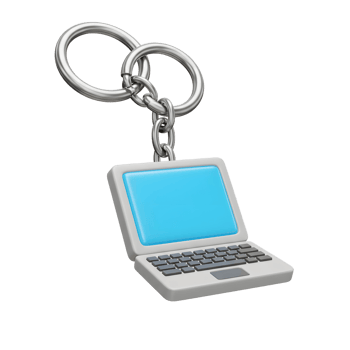 A laptop keychain with a blue screen is attached to metal rings by a silver chain, making it a practical accessory. png